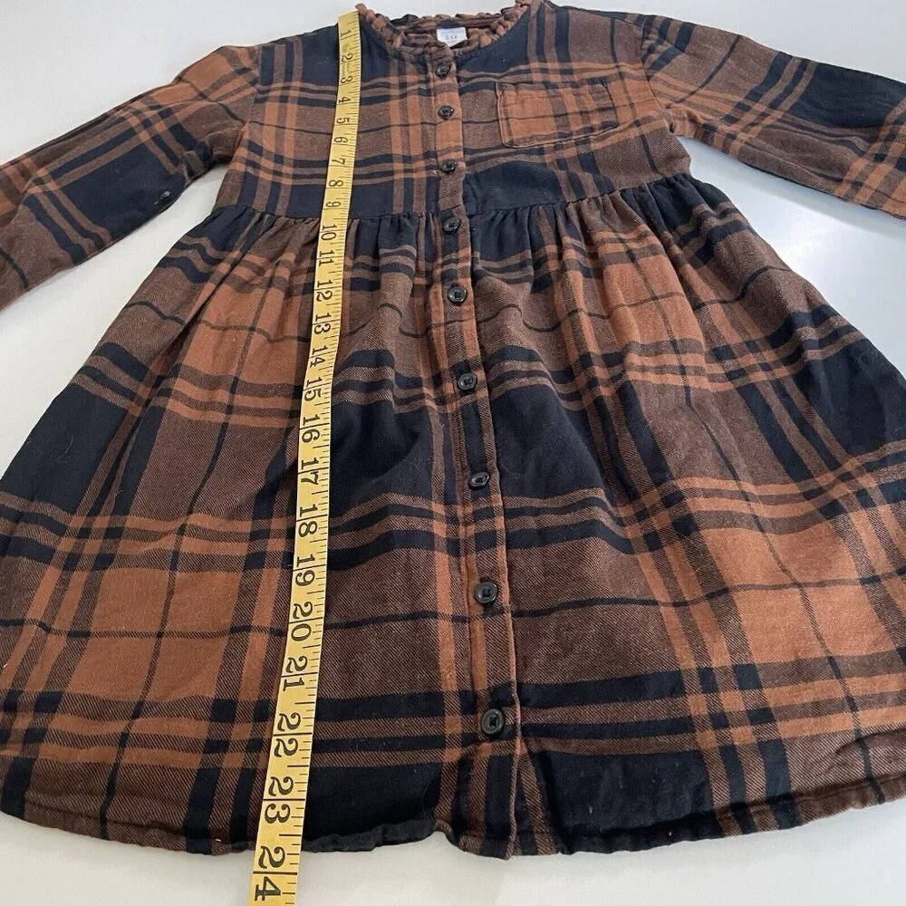 Gap Kids Girls 5Y Flannel Shirt Dress Black Brown Plaid Fall Button Up Soft